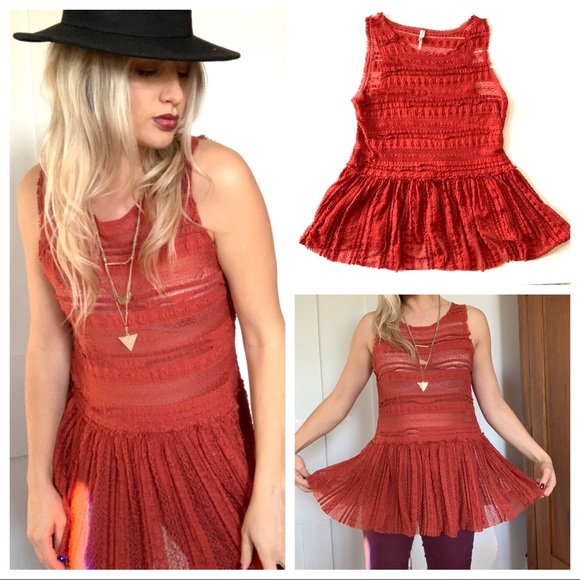 Free People Tops - Free People Raw Hem Burnt Orange Lace Tank Top M
